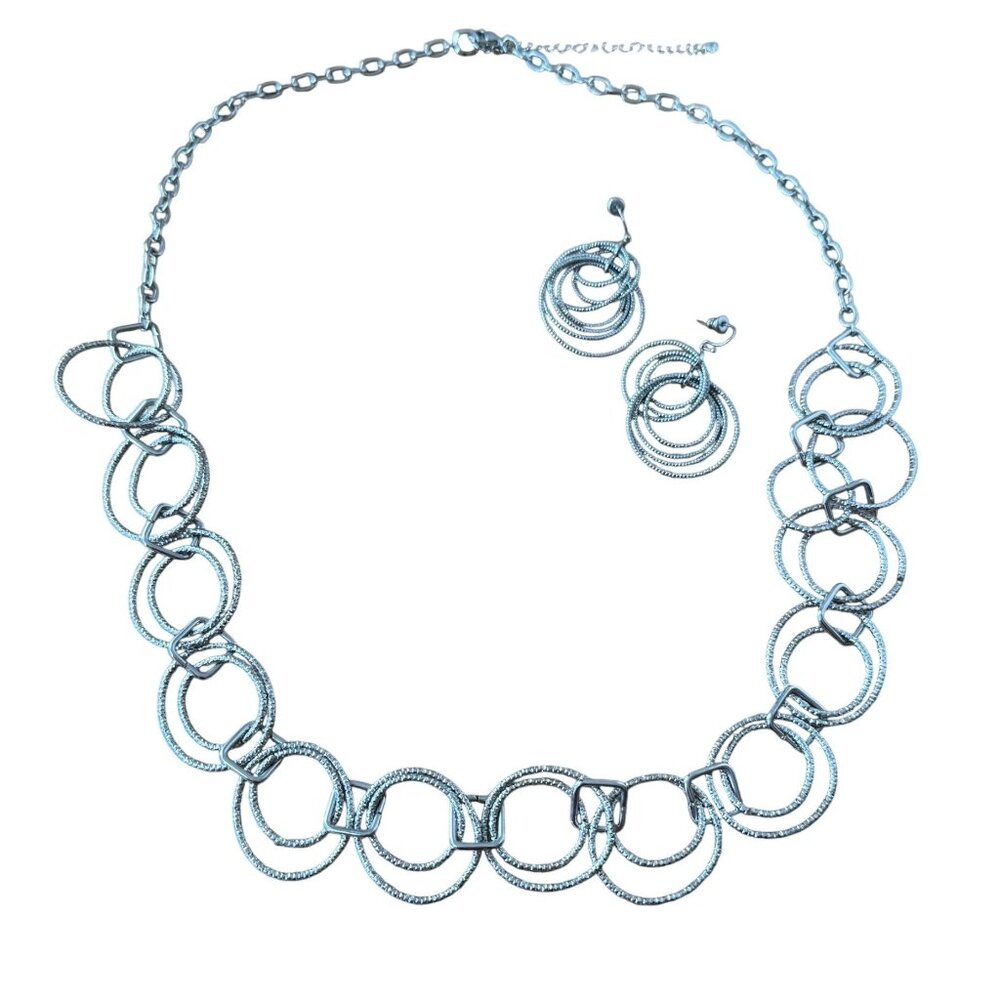 Silver-Tone Multi-Circle Statement Necklace & Earrings Set